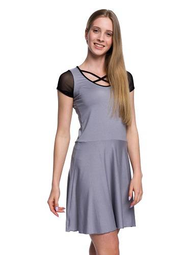 Grey Mesh Short Sleeve Dress with Straps Neckline