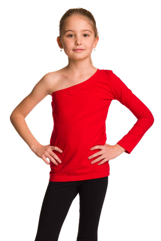 Asymmetric Cotton Shirt with Long Sleeves and Diagonal Red Neckline.