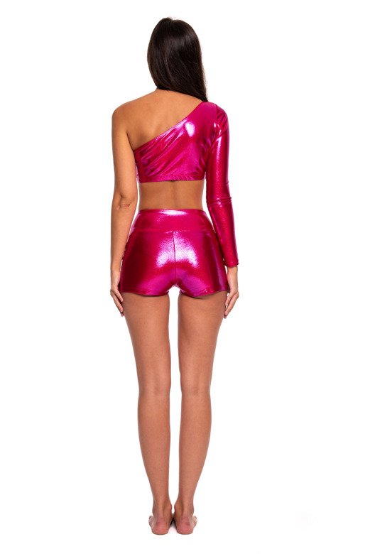 Asymmetrical Metallic Shimmer Top for Girls with Long Sleeves and Slanted Neckline in Fuchsia - Sports Wear for Women and Kids.