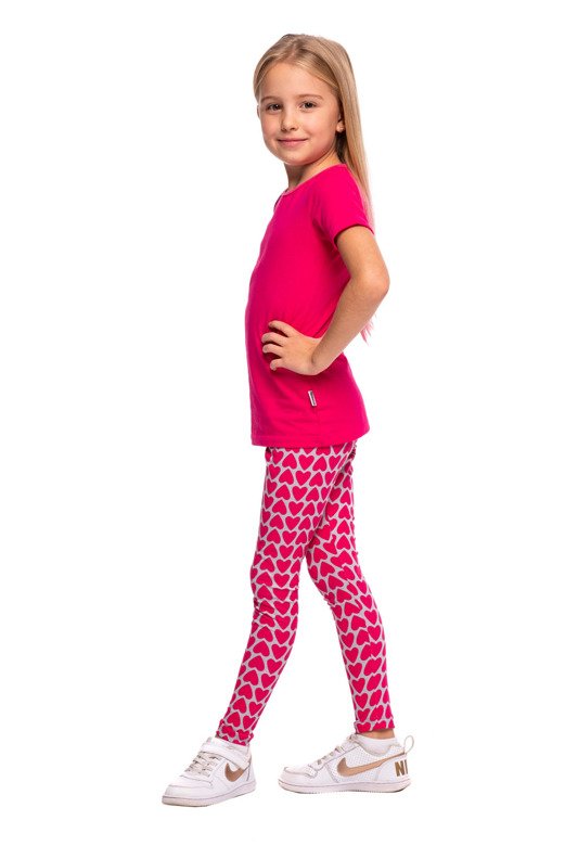Heart-patterned sports leggings for girls in fuchsia gray.
