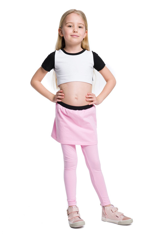 Long leggings with pink skirt.