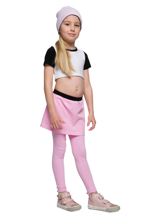 Long leggings with pink skirt.
