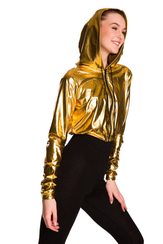 Metallic shining hoodie for women's and children's with a large golden hood for performances.