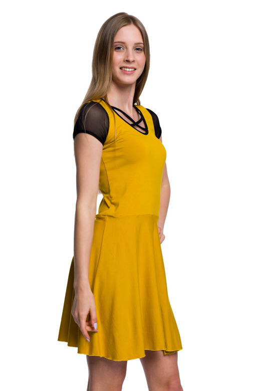 Short sleeve mesh dress with mustard straps neckline