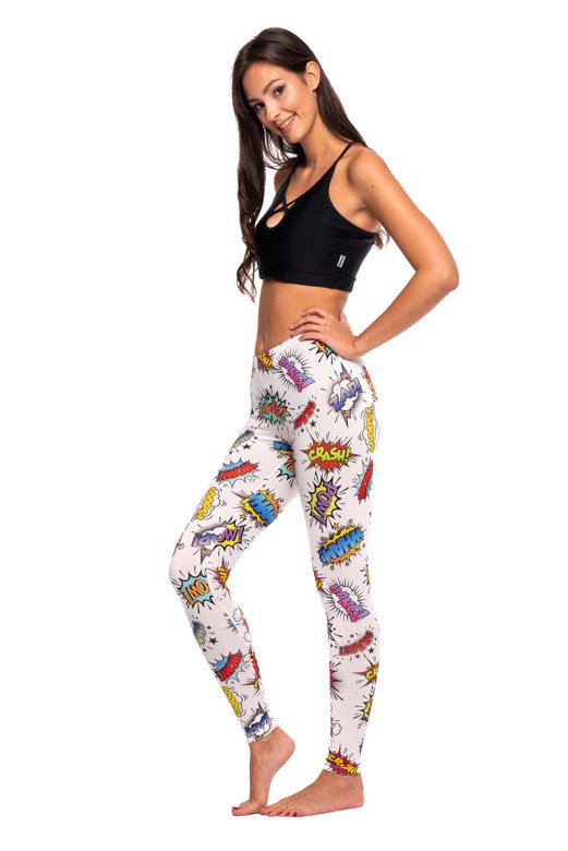 Women's children's sports leggings WOW white with colorful inscriptions.