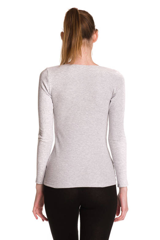 Women's long-sleeved cotton shirt with gray melange stripes.