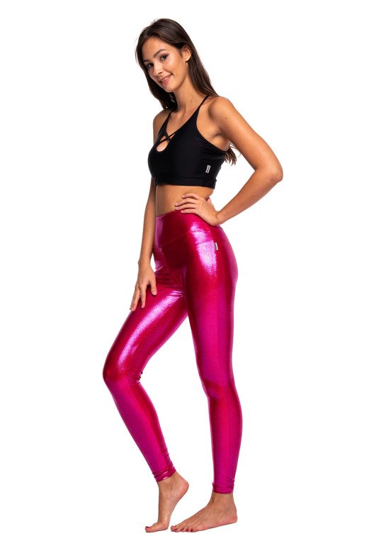 Women's metallic shimmering leggings with long legs and high waist in Fuchsia.