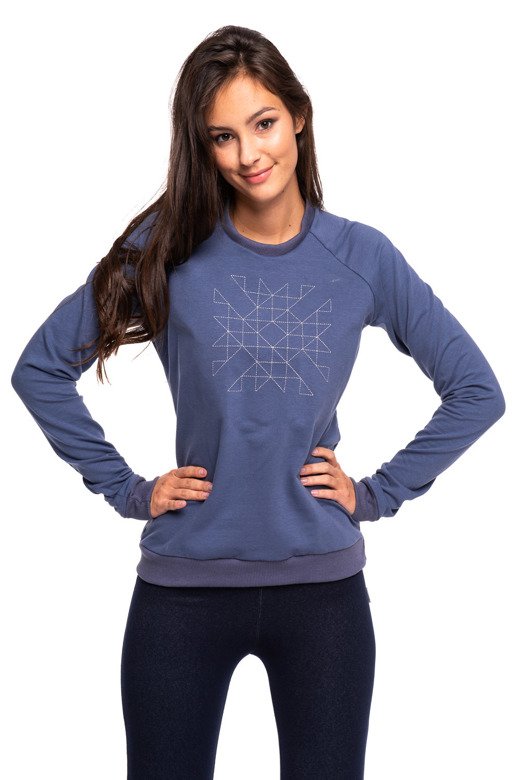 Women's sports sweatshirt with long sleeves with geometric embroidery in denim