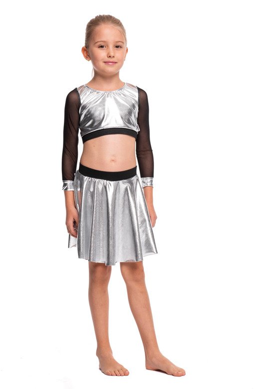 Women's sports top for girls metallic shiny with long sleeves made of mesh for performance silver