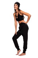 Black drop-crotch sweatpants for women, men, and children.