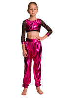 Girls' Metallic Shiny Long Sleeve Mesh Top for Sports Performance in Fuchsia.