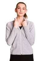 Sport sweatshirt with stand-up collar, zip and mélange grey pockets.