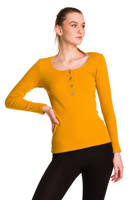 Women's long-sleeved cotton blouse in mustard stripe.