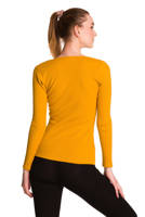 Women's long-sleeved cotton blouse in mustard stripe.