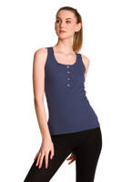 Women's sleeveless cotton blouse with denim stripe pattern.
