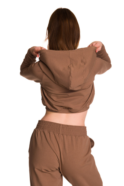 Short women's hoodie made of sweatshirt material with a large hood, designed for young girls, in a coffee color.