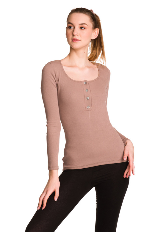 Women's long-sleeved cotton blouse in beige stripes.