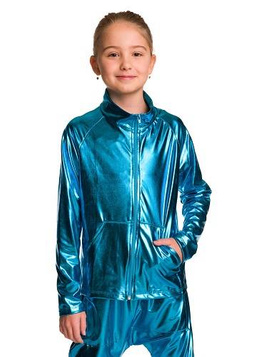 Metallic Shiny Turquoise Long-sleeved Blouse with High Collar Zipper and Stage Pockets