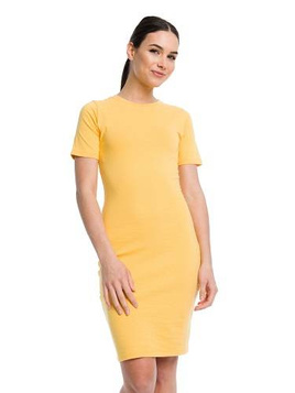 Women's cotton pencil MIDI dress with short sleeves - yellow.