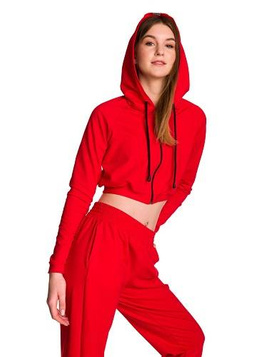 Short red hoodie sweatshirt for girls with a big hood, kids' version.