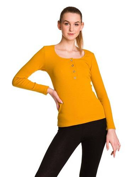 Women's long-sleeved cotton blouse in mustard stripe.