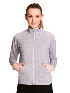 Sport sweatshirt with stand-up collar, zip and mélange grey pockets.