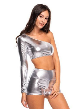 Shiny metallic top with asymmetrical neckline, long sleeves, and silver color.