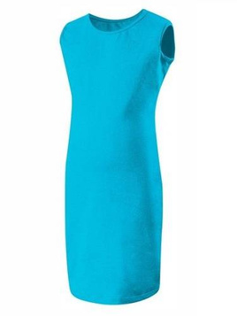 Sleeveless turquoise pencil dress.