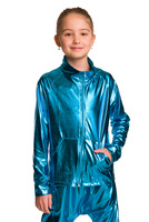 Metallic Shiny Turquoise Long-sleeved Blouse with High Collar Zipper and Stage Pockets