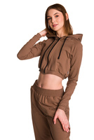 Short women's hoodie made of sweatshirt material with a large hood, designed for young girls, in a coffee color.