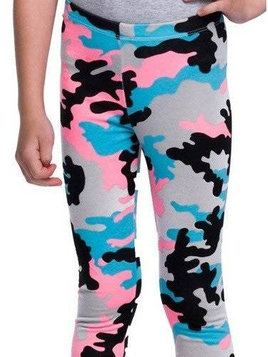 Long kids sports leggings, MORO pattern, in pink, grey, and turquoise.