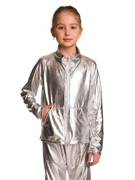 Metallic shining sweatshirt with long sleeves, a stand-up collar, zipper and pockets, silver stage outfit.