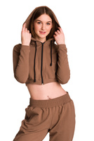 Short women's hoodie made of sweatshirt material with a large hood, designed for young girls, in a coffee color.