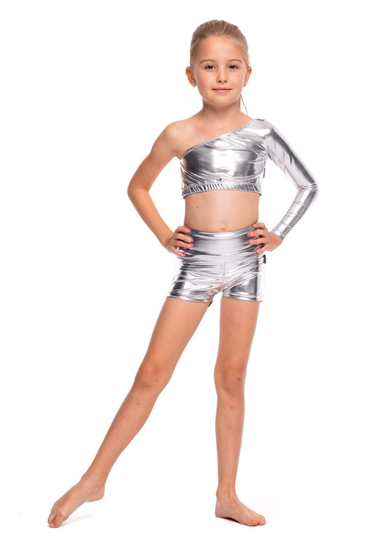 Shiny metallic top with asymmetrical neckline, long sleeves, and silver color.