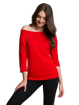 Red viscose blouse with a wide neckline and 3/4 sleeves.