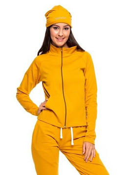 Mustard-colored sporty sweatshirt with stand-up collar, zipper, and pockets.