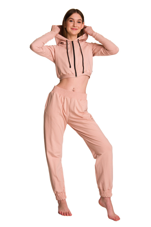 Short hooded sweatshirt for girls in powder pink, with large hood, children's size.