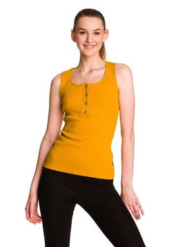 Women's sleeveless cotton blouse with mustard stripe.