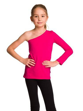 Asymmetric Cotton Top with Long Slanted Neckline and Fuchsia Long Sleeves.