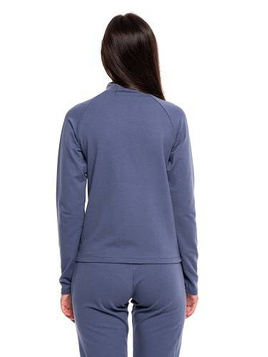 Sport sweatshirt with stand-up collar, zipper, and denim pockets.