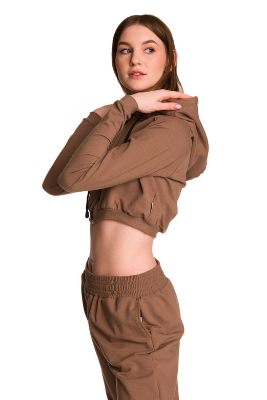 Short women's hoodie made of sweatshirt material with a large hood, designed for young girls, in a coffee color.