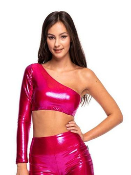 Asymmetrical Metallic Shimmer Top for Girls with Long Sleeves and Slanted Neckline in Fuchsia - Sports Wear for Women and Kids.