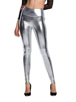 Women's Metallic Shiny Leggings with High Waist and Long Silver Legs