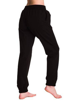 Loose black women's sweatpants with wide legs.