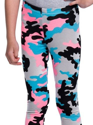 Long kids sports leggings, MORO pattern, in pink, grey, and turquoise.