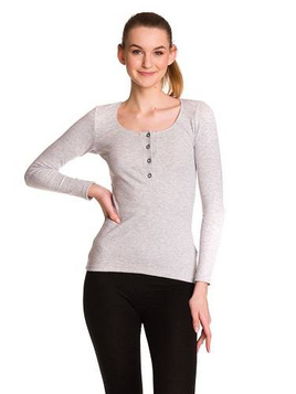 Women's long-sleeved cotton shirt with gray melange stripes.