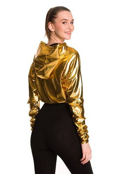 Metallic shining hoodie for women's and children's with a large golden hood for performances.