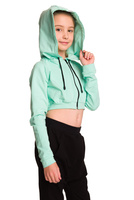 Short mint hoodie for girls with a big hood and made of sweatshirt fabric.