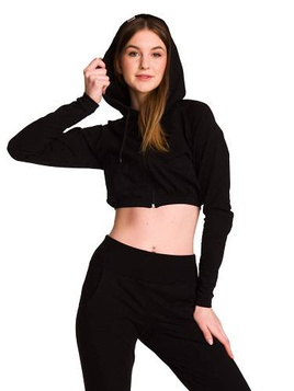 Short black women's hoodie with a large hood for girls - made of sweatshirt material.