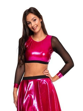 Girls' Metallic Shiny Long Sleeve Mesh Top for Sports Performance in Fuchsia.